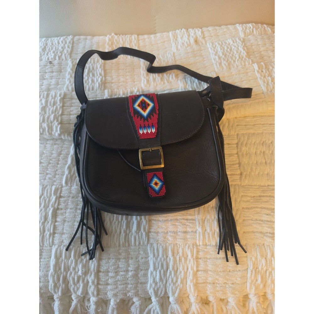 Rupray Black Leather Crossbody Bag with Beaded Detail